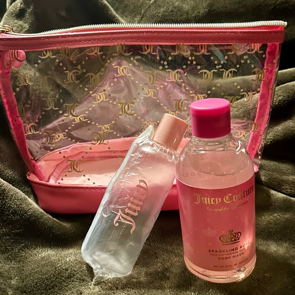 Juicy Couture Pink Clear Logo Cosmetic Pouch with Pink Body Wash